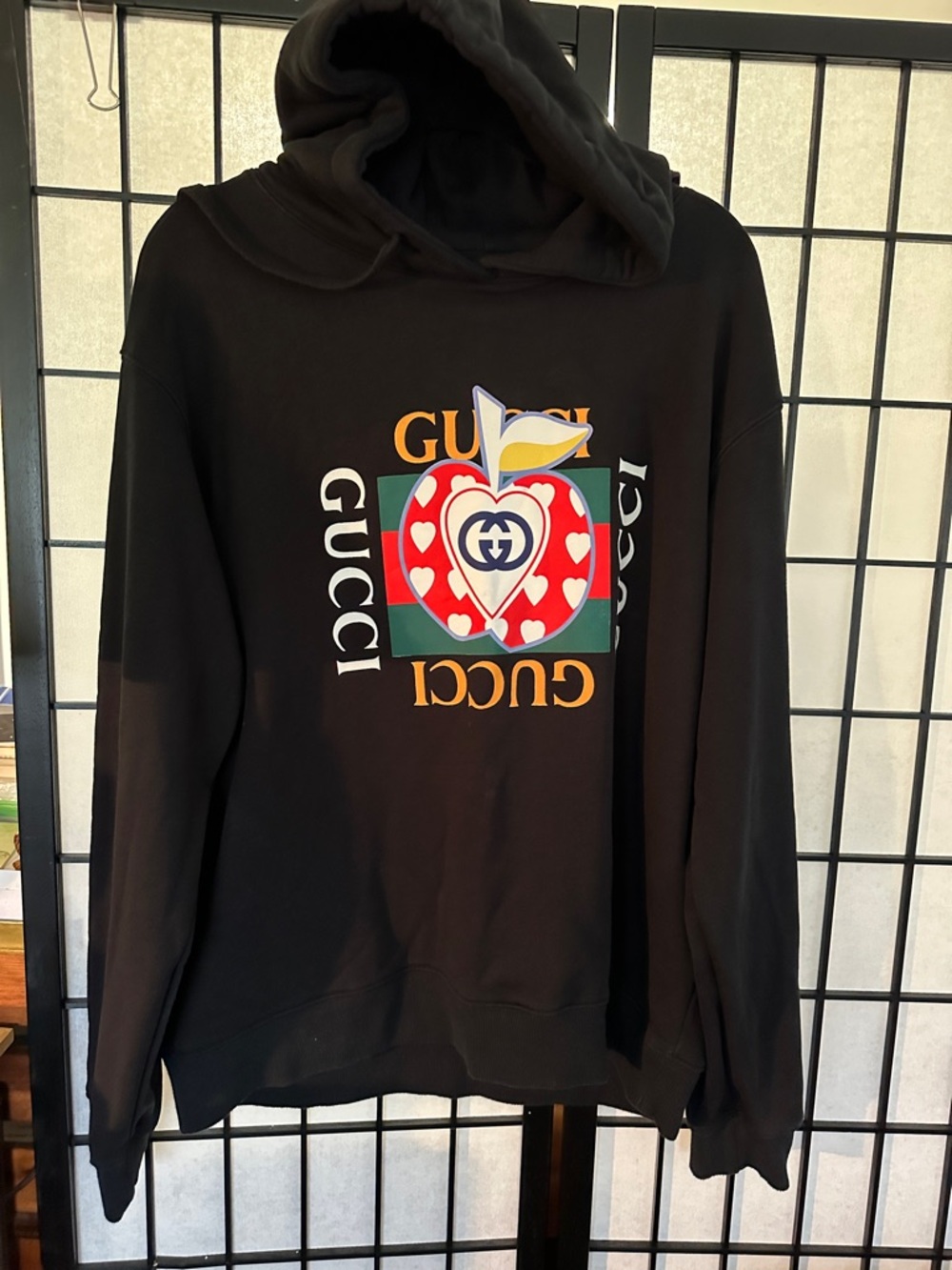 Gucci Black Hoodie Sweater with Multicolor Heart Apple Graphic